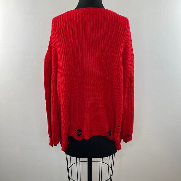 PEACE LOVE WORLD Red Destructed Affirmation V-Neck "Merry" Pullover Sweater 1X - Picture 6 of 9